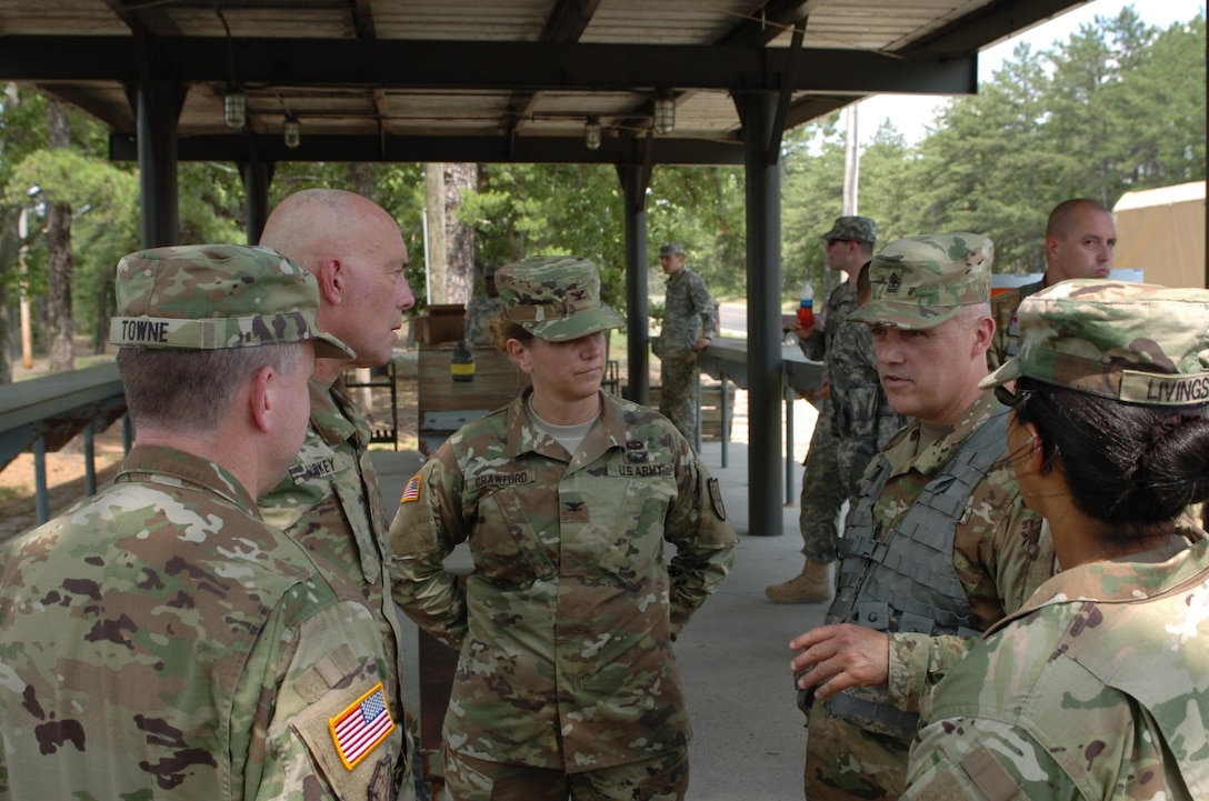 Sgt. Maj. Todd Syvrud (right), the top noncommissioned officer of the Army Reserve’s 154th Legal Operations Detachment headquartered in Alexandria, Virginia, discusses training strategies for his organization conducting range qualifications on U.S. Army Support Activity, Fort Dix ranges with Lieutenant General Charles D. Luckey, chief of Army Reserve and commanding general, U.S. Army Reserve Command, at Joint Base McGuire-Dix-Lakehurst, New Jersey, during a training-capabilities update July 14-15. Standing next to the unit's top NCO is Col. Michelle Crawford, the detachment commander.