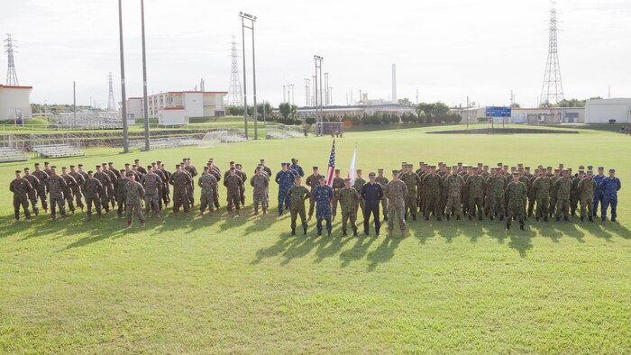 U.S. Marines with 3d Marine Expeditionary Brigade and service members of the Japan Ground Self-Defense Force conduct the opening ceremony for Yama Sakura 71 in Okinawa, Japan, Dec. 7, 2016. During this annual, bilateral exercise, members of the JGSDF and U.S. military exchange ideas, tactics, techniques, experiences, and culture. Specific Japanese units involved in YS 71 include the JGSDF Western Army, the Amphibious Ready Deployment Brigade and the Japan Maritime Self-Defense Force Mine Warfare Force. Other U.S. units include the Navy's 7th Fleet; Commander, Task Force 76; and CTF 79. 