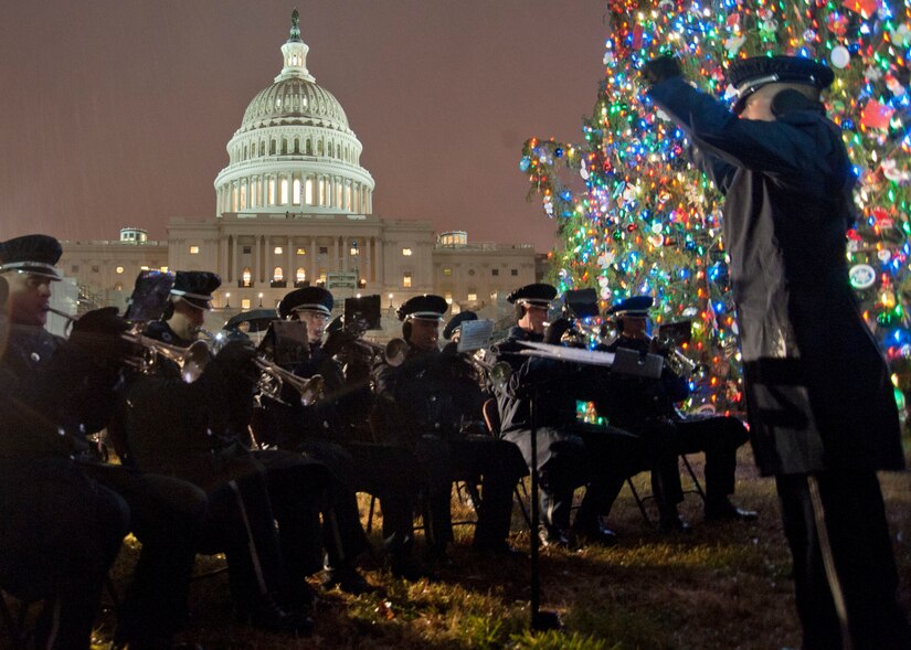 The U.S. Air Force Ceremonial Brass Band performs several classic Christmas standards during the U.S. Capitol Christmas Tree Lighting Ceremony on the Capitol’s West Front Lawn in Washington D.C., Dec. 6, 2016. The tree, harvested from Payette National Forest, Idaho, was decorated with thousands of handcrafted ornaments from communities across the Gem State. 