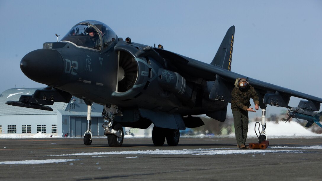 U.S. Marines with Marine Attack Squadron (VMA) 542 conduct preflight inspections during the Aviation Training Relocation Program at Chitose Air Base, Japan, Dec. 8, 2016. During the ATR the Marines with the power line division for VMA-542 have ensured the safety of all aircraft involved through routine flight inspections, launching the aircraft and recovering the aircraft. (U.S. Marine Corps photo by Cpl. James A. Guillory)