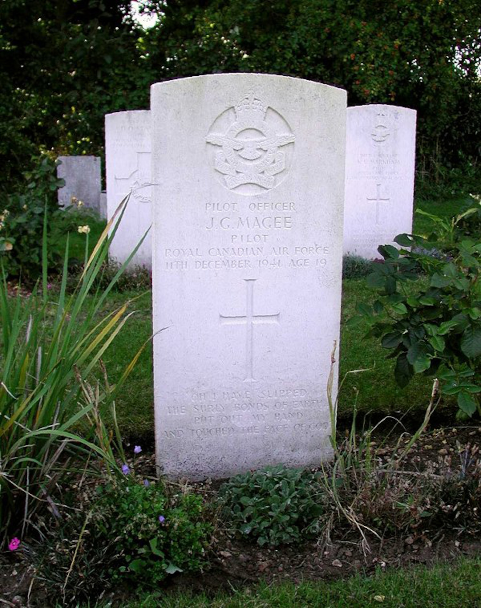 Royal Canadian Air Force Pilot Officer John Gillespie Magee Jr., a United States citizen, died when his Spitfire collided with another aircraft over Lincolnshire, England in December 1941. Magee is buried at the Scopwick Church Burial Ground in Lincolnshire, England. (Courtesy photo Bomber Command Museum of Canada)