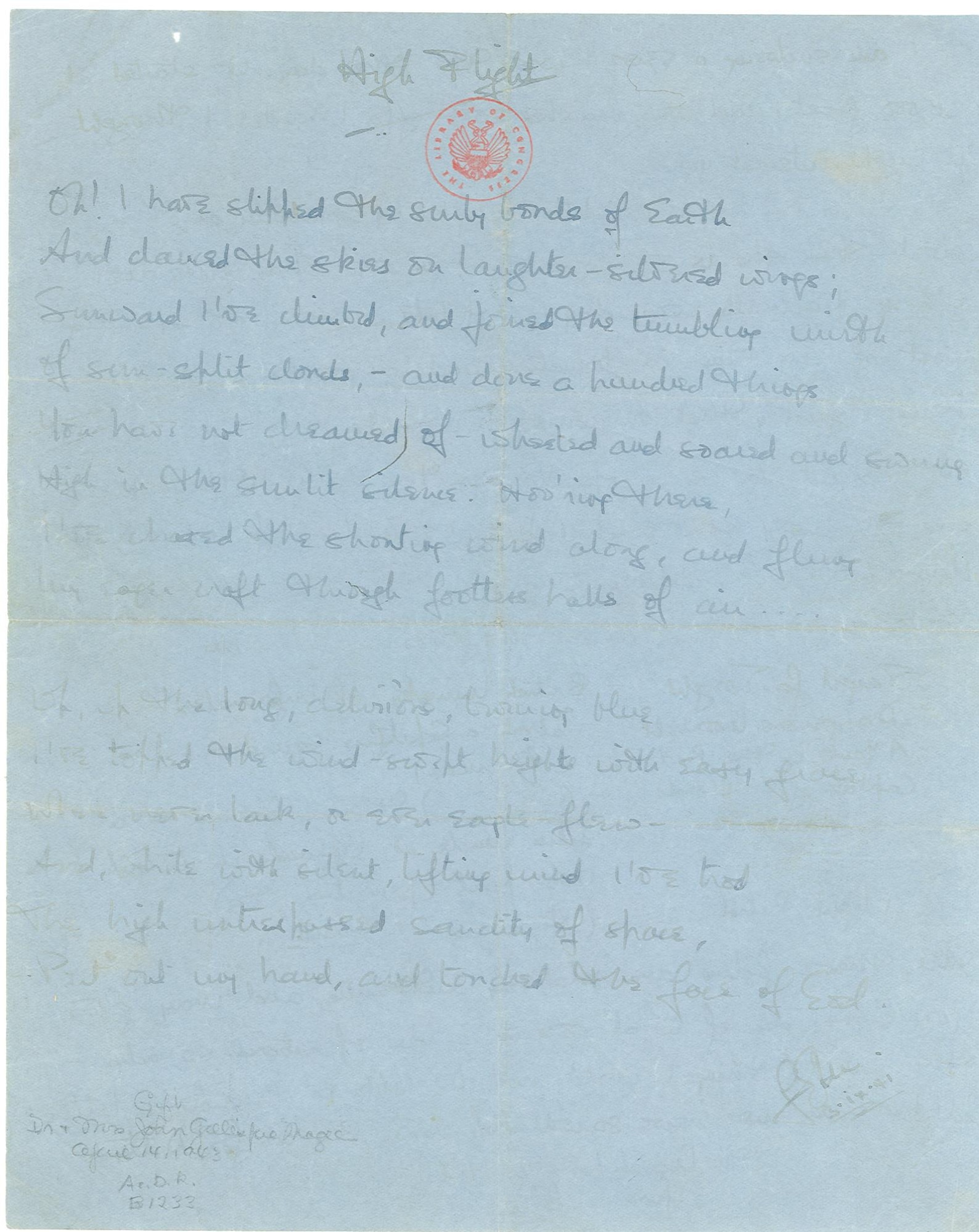 Royal Canadian Air Force Pilot Officer John Gillespie Magee Jr. wrote the poem “High Flight” in 1941. The original copy of his poem is on display at the Library of Congress in Washington, D.C. (Courtesy photo Royal Canadian Air Force website)
