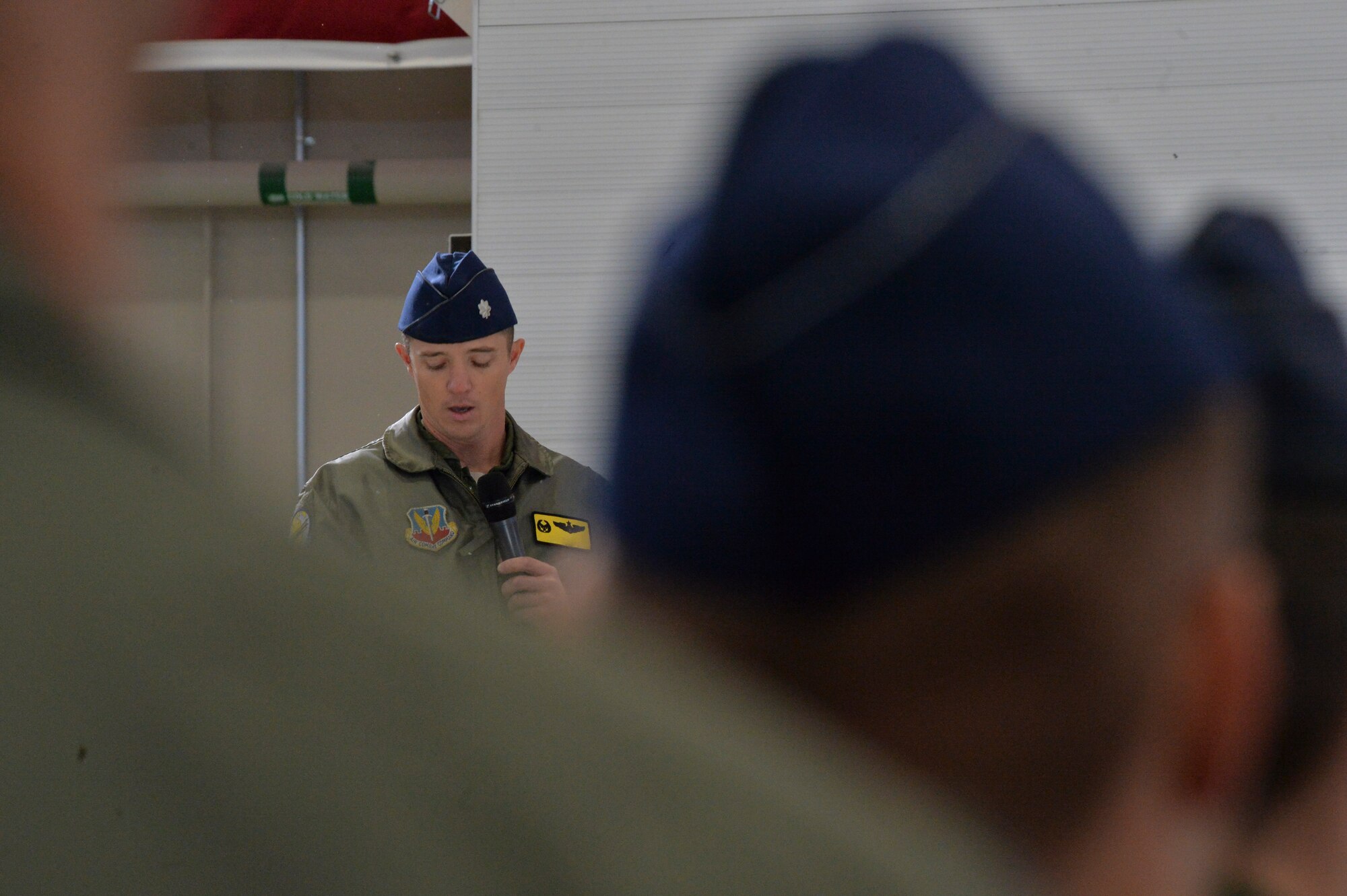 Lt. Col. Theodore, 489th Attack Squadron commander, speaks during the unit’s reactivation ceremony Dec. 2, 2016, at Creech Air Force Base, Nev. Theodore, who was previously a commander of at Creech, was chosen to assume command of the 489th ATKS. (U.S. Air Force photo/ Airman 1st Class Kristan Campbell)