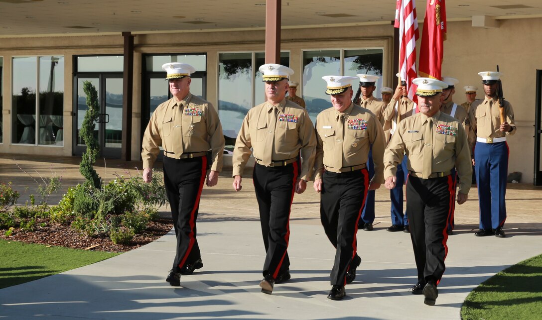 The official party for the Marine Corps Recruiting Command’s Superior Achiever Ceremony takes their place during the Ceremony at Naval Base Point Loma, Dec. 8. The Superior Achiever Award was established in 1981 to recognize Marine Corps recruiting stations that achieve or exceed specified recruiting goals each fiscal year