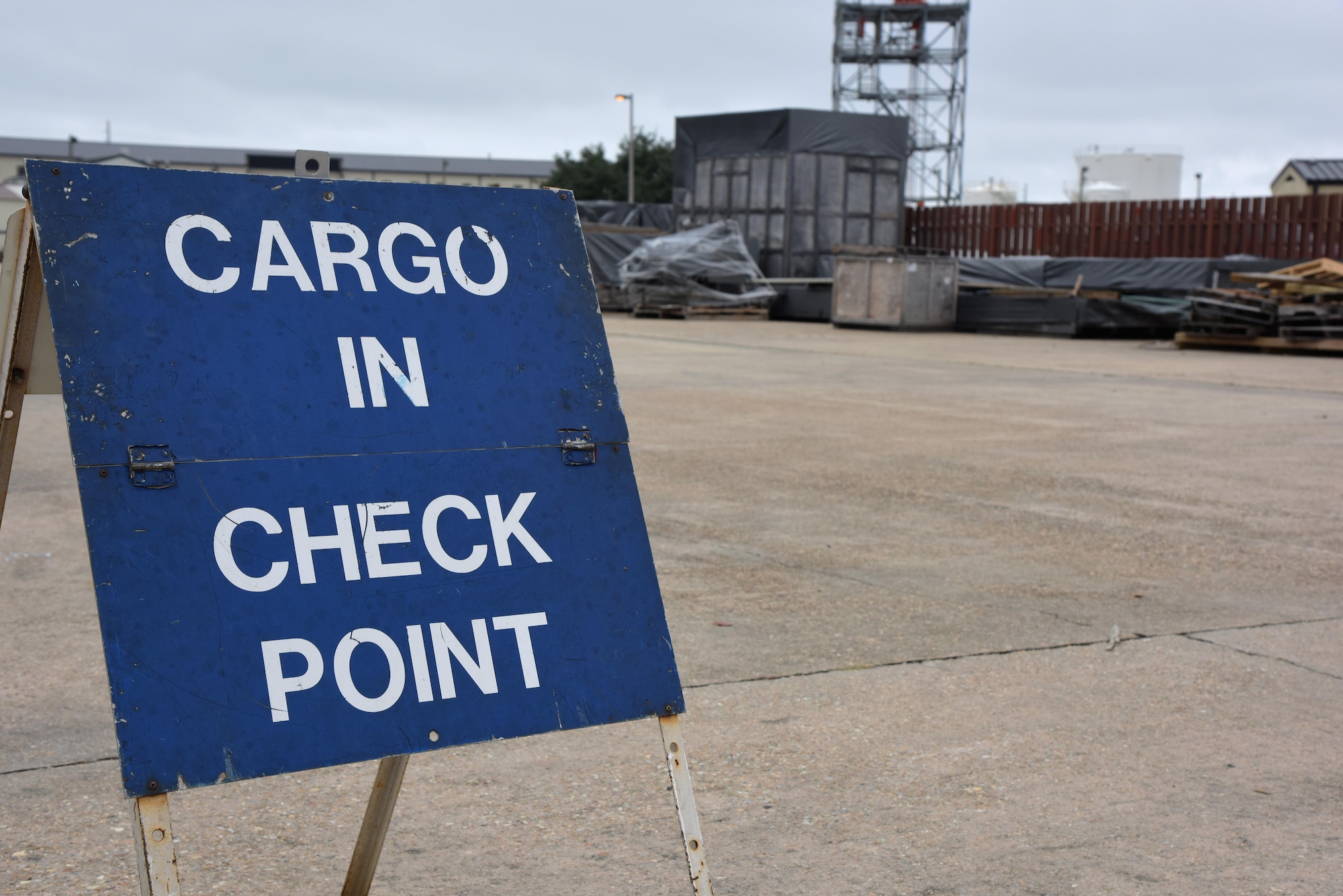 A cargo In check point sign sits at the supply warehouse loading docks during a deployment exercise Dec. 7, 2016, on Keesler Air Force Base, Miss. The exercise scenario tested the mission readiness of Team Keesler for simultaneous world-wide deployments. (U.S. Air Force photo by Kemberly Groue)