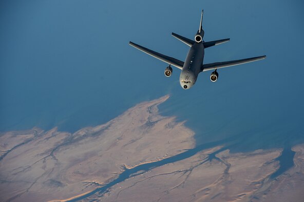 A KC-10 Extender from the 380th Expeditionary Air Refueling Squadron flies over Southwest Asia in support of Operation Inherent Resolve Dec. 9, 2015. OIR is the coalition intervention against the Islamic State of Iraq and the Levant. (U.S. Air Force photo/Tech. Sgt. Nathan Lipscomb)