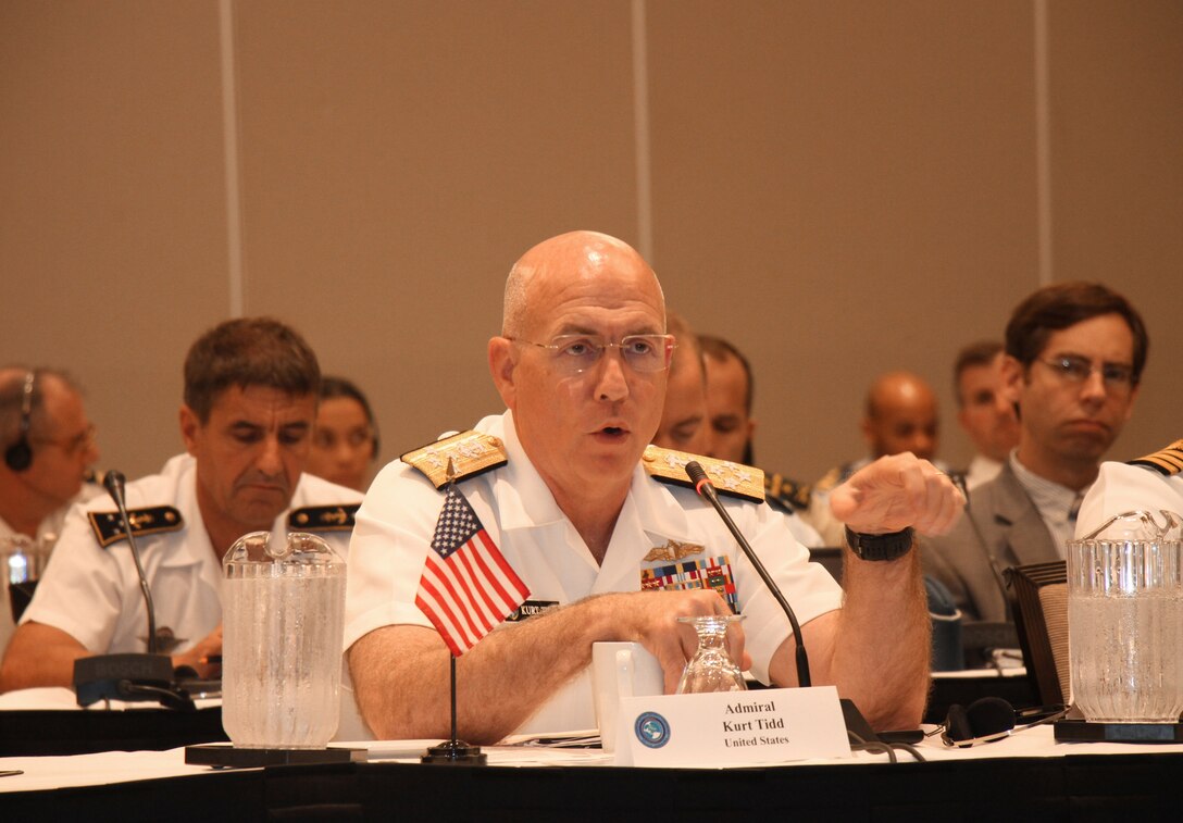 Navy Adm. Kurt W. Tidd, commander of U.S. Southern Command, speaks to panelists about countering transnational networks during the 15th Caribbean Nations Security Conference in San Juan, Puerto Rico, Dec. 7, 2016. Southcom photo by Jose Ruiz