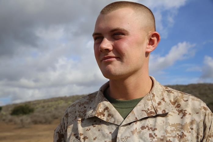 Recruit Seth Steele, Golf Company, 2nd Recruit Training Battalion, stands at attention at Marine Corps Base Camp Pendleton, Calif., Nov. 28. Steele served as a squad leader in Platoon 2150 after going through trial training. Annually, more than 17,000 males recruited from the Western Recruiting Region are trained at MCRD San Diego. Golf company is scheduled to graduate Dec. 9.