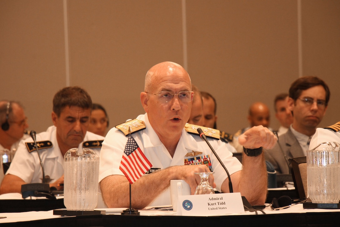 Navy Adm. Kurt W. Tidd, commander of U.S. Southern Command, speaks to panelists about countering transnational networks during the 15th Caribbean Nations Security Conference in San Juan, Puerto Rico, Dec. 7, 2016. Southcom photo by Jose Ruiz