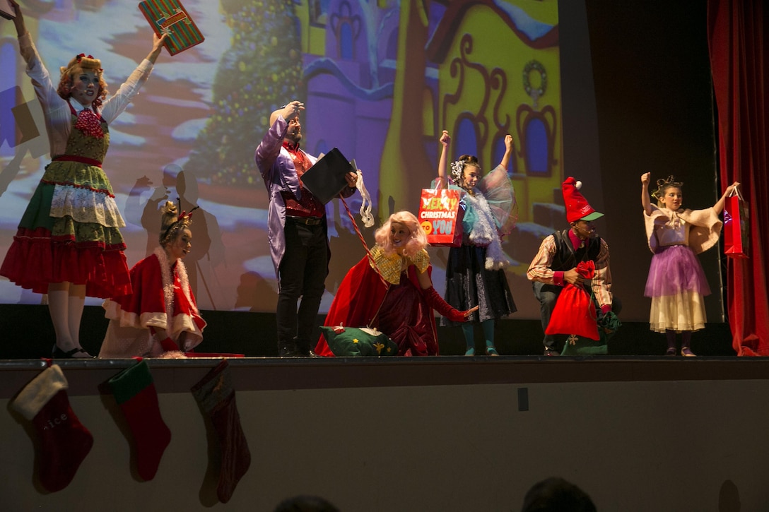 Creating Arts Company performs “How the Grinch Stole Christmas” during the Combat Center Holiday Show at Sunset Cinema aboard Marine Corps Air Ground Combat Center, Twentynine Palms, Calif., Dec. 3, 2016. (Official Marine Corps photo by Lance Cpl. Dave Flores/Released)