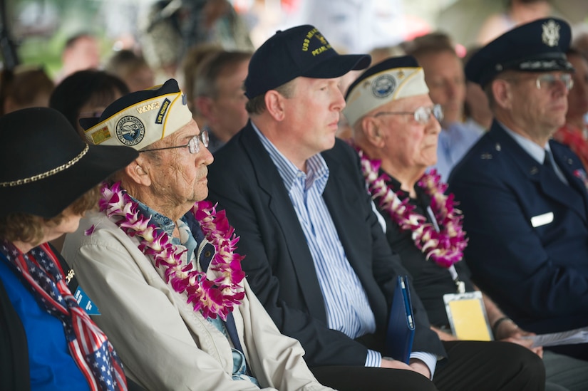Pearl Harbor survivors are among the guests at the at the remembrance ceremony for the crew members of the USS Nevada killed in the attack on Pearl Harbor, at Joint Base Pearl Harbor-Hickam, Hawaii, Dec. 8, 2016. Seventy-six men died of wounds from the surprise Japanese attack. DoD photo by Lisa Ferdinando