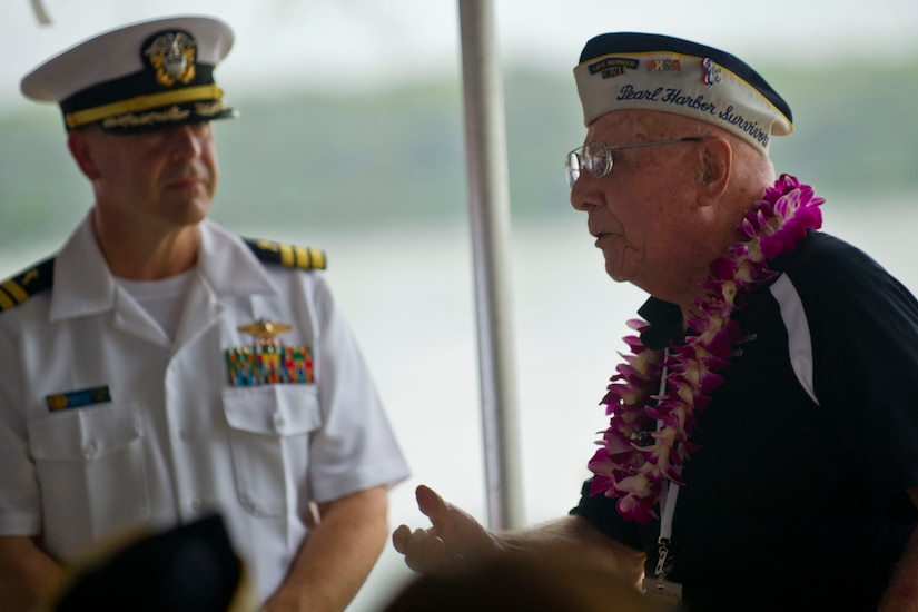 Pearl Harbor survivor Geb Galle, who was on the USS Nevada, addresses the remembrance ceremony for his shipmates killed in the attack on Pearl Harbor, at Joint Base Pearl Harbor-Hickam, Hawaii, Dec. 8, 2016. Seventy-six men died from wounds from the surprise Japanese attack. DoD photo by Lisa Ferdinando