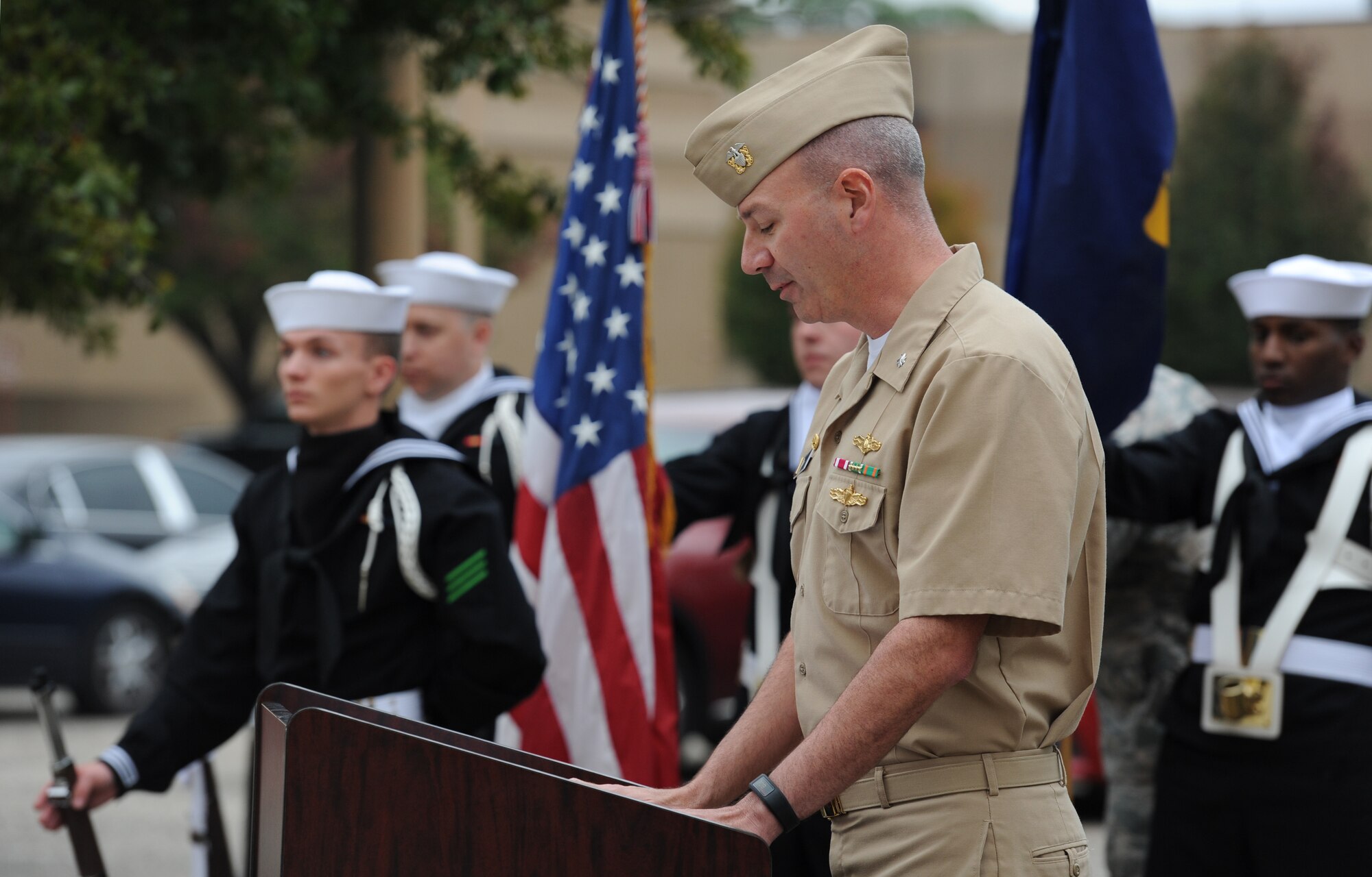 U.S. Navy Cmdr. Timothy Knapp, Center for Naval Aviation Technical Training Unit Keesler commanding officer, delivers remarks during a CNATTU Keesler Pearl Harbor 75th Anniversary Remembrance Ceremony in front of Allee Hall Dec. 7, 2016, on Keesler Air Force Base, Miss. More than 100 Keesler personnel attended the event to honor those lost in the Dec. 7, 1941 Pearl Harbor attacks. (U.S. Air Force photo by Kemberly Groue)