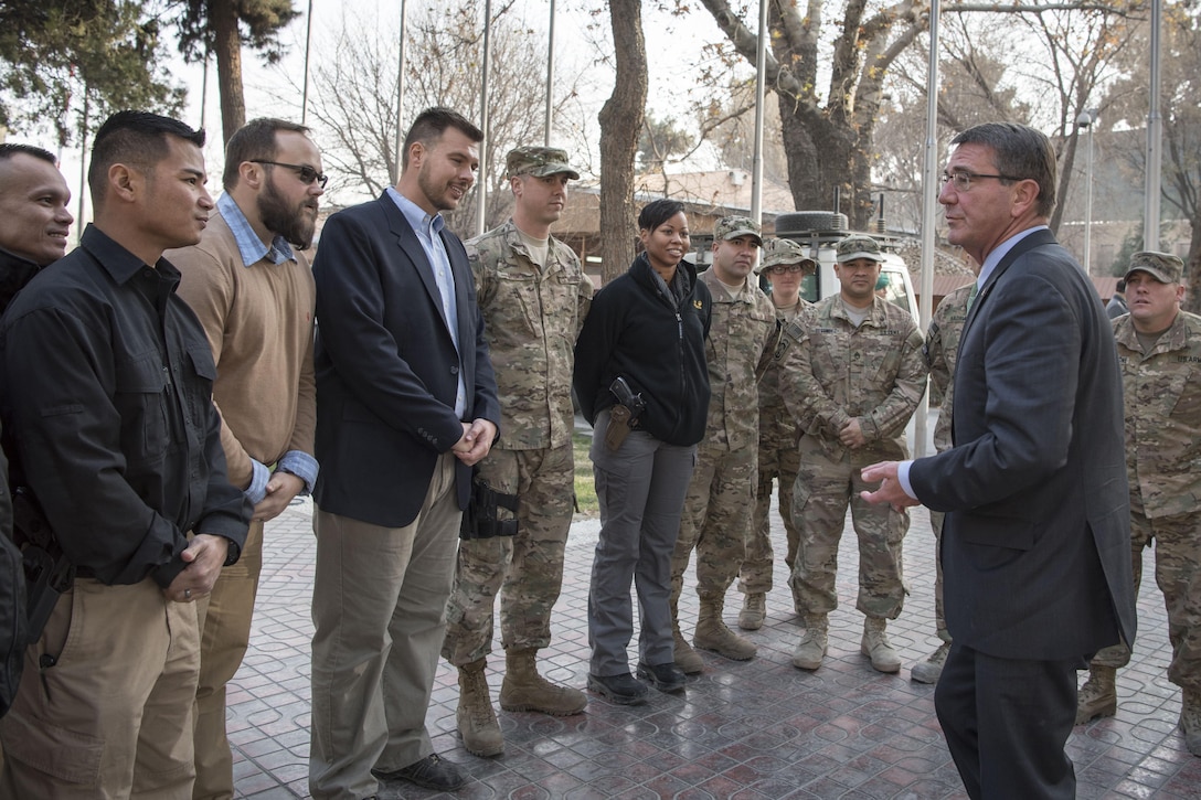 Defense Secretary Ash Carter visits with troops at Resolute Support headquarters in Kabul, Afghanistan.