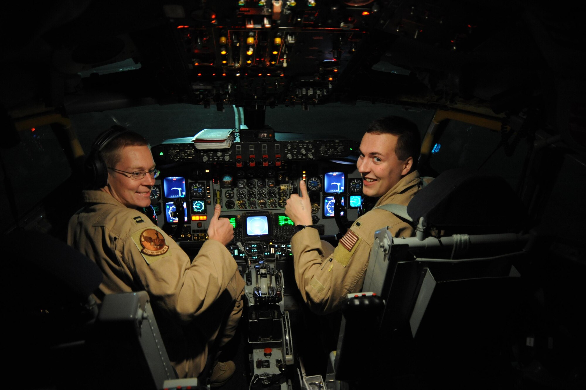 Pilots with the 911th Air Refueling Squadron power through a pre-flight checklist on Dec. 8, 2016 at Seymour Johnson Air Force Base, North Carolina. Their flight took care packages to deployed Airmen overseas. (U.S. Air Force photo by Senior Airman Jeramy Moore/released)