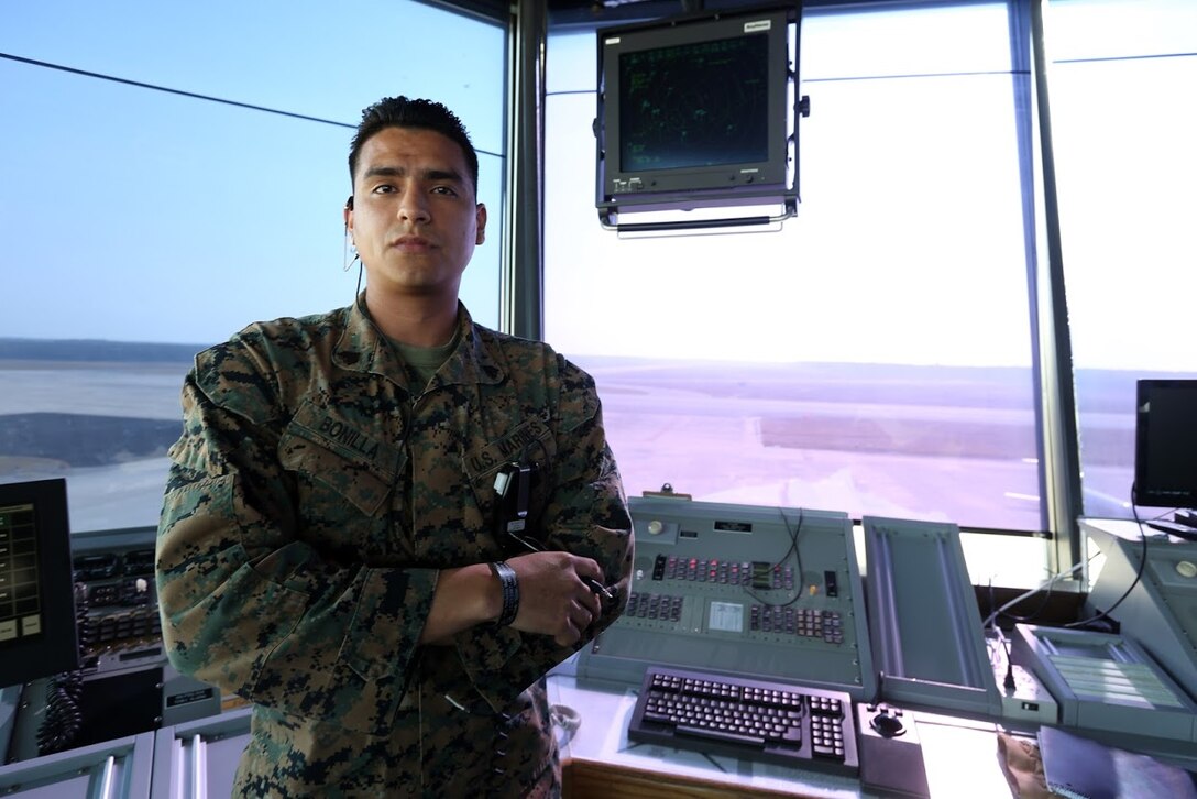 Sgt. Benjamin Bonilla is an approach controller assigned to Marine Air Control Squadron 2, Marine Air Control Group 28, 2nd Marine Aircraft Wing at Marine Corps Air Station Cherry Point, N.C. He has successfully completed all the training required as an approach controller and moved on to completing certifications for other sections of air traffic control within the Marine Corps.  Air traffic controllers are given approximately 12 years to become proficient and certified in all ATC elements, but Bonilla has completed his training in only four years while aboard the air station. (U.S. Marine Corps photo by Sgt. N.W. Huertas/ Released) 