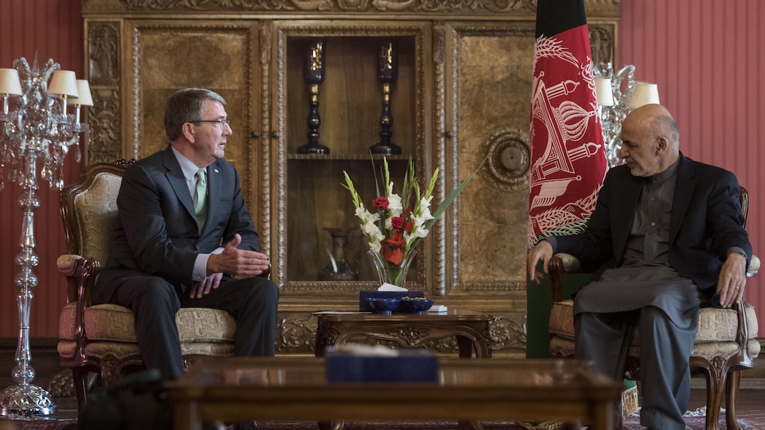 Defense Secretary Ash Carter meets with Afghan President Ashraf Ghani in Kabul, Afghanistan, Dec. 9, 2016. DoD photo by Air Force Tech. Sgt. Brigitte N. Brantley