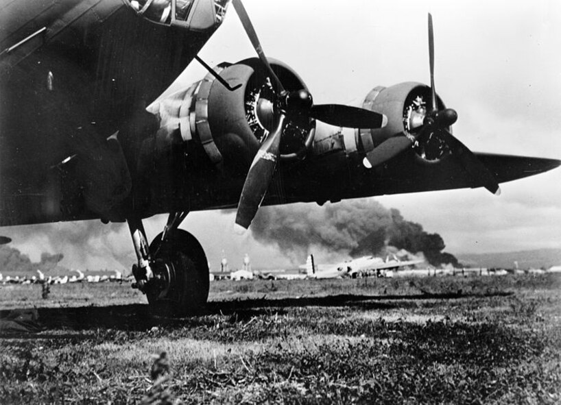 A B-17E Flying Fortress sits on Hickam Field during the Japanese attack on Pearl Harbor, Dec. 7, 1941. Dyess’ has a unique connection to Pearl Harbor that stems from the 88th Reconnaissance Squadron, which is now the 436th Training Squadron. Aircrew assigned to the 88th RS flew six B-17s during a scheduled mission to the Philippines to deliver aircraft. They were unknowingly attacked when entering Pearl Harbor to refuel the aircraft. They successfully evaded the Japanese attackers by showing the maneuverability of the B-17, repairing the damaged aircraft and eventually landing in Australia. (Courtesy photo)

