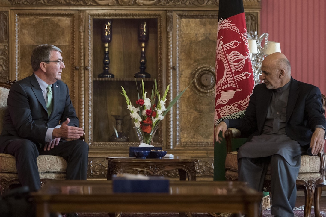 Defense Secretary Ash Carter meets with Afghan President Ashraf Ghani during his visit to Afghanistan.