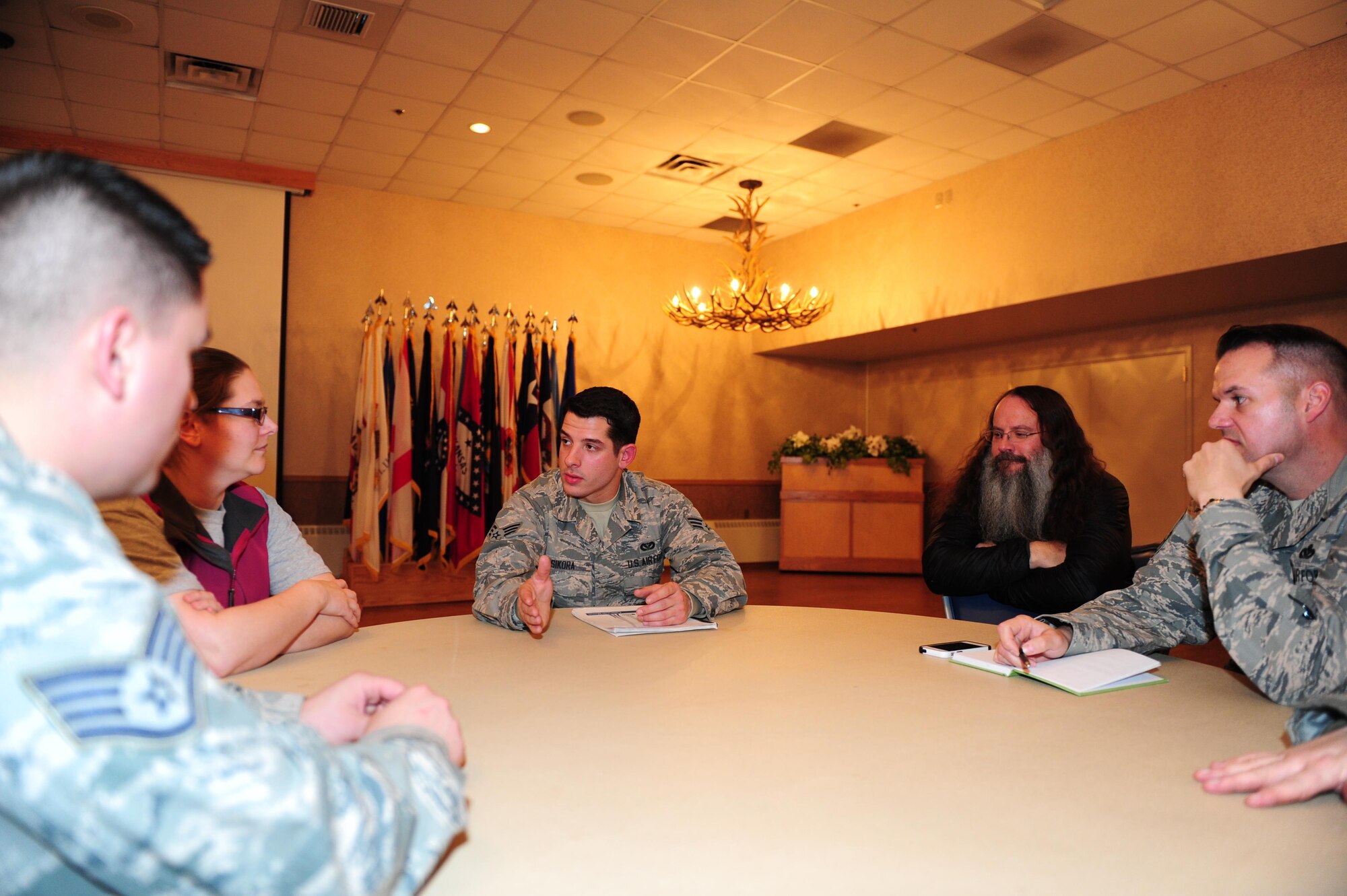 U.S. Air Force Senior Airman Johnathan Sikora, a 354th Civil Engineer Squadron structural journeyman, gives feedback from a Green Dot class Dec. 6, 2016, at Eielson Air Force Base, Alaska. As a Green Dot instructor, Sikora helps the Air Force change the culture regarding inter-personal violence. (U.S. Air Force photo by Airman Isaac Johnson)