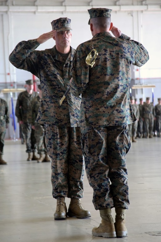 Sgt. Maj. Howard Kreamer, left, salutes Brig. Gen. Matthew Glavy during a relief and appointment ceremony aboard Marine Corps Air Station Cherry Point, N.C., Dec. 8, 2016. Kreamer was appointed as the 2nd Marine Aircraft Wing sergeant major after completing his tour as the sergeant major of 2nd Marine Expeditionary Brigade. (U.S. Marine Corps photo by Lance Cpl. Mackenzie Gibson/Released)