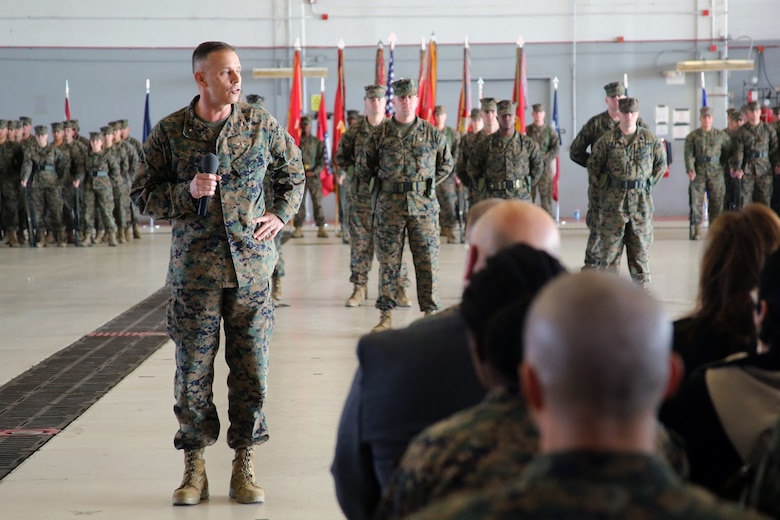 Brig. Gen. Matthew Glavy speaks to the crowd during a relief and appointment ceremony aboard Marine Corps Air Station Cherry Point, N.C., Dec. 8, 2016. Sgt. Maj. Howard Kreamer, who was recently the sergeant major of 2nd Marine Expeditionary Brigade, was appointed the sergeant major of 2nd Marine Aircraft Wing. Sgt. Maj. Richard Thresher’s next assignment is sergeant major of II Marine Expeditionary Force. Glavy is the commanding general of 2nd MAW.(U.S. Marine Corps photo by Lance Cpl. Mackenzie Gibson/Released)