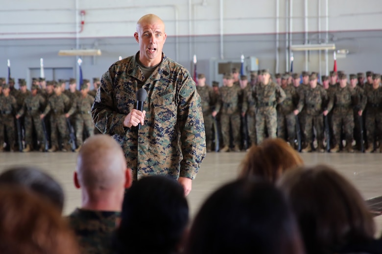 Sgt. Maj. Howard Kreamer addresses the crowd during a relief and appointment ceremony aboard Marine Corps Air Station Cherry Point, N.C., Dec. 8, 2016.  Kreamer was appointed as the sergeant major of 2nd Marine Aircraft Wing during the ceremony. (U.S. Marine Corps photo by Lance Cpl. Mackenzie Gibson/Released)