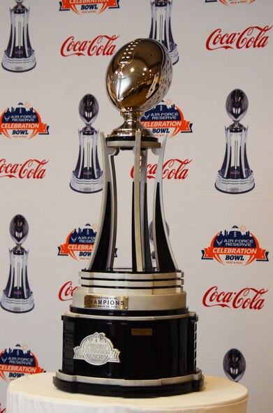 The trophy going to the winning team in the U.S. Air Force Reserve Celebration Bowl was on display at an event held at Dobbins Air Reserve Base, Ga. Dec. 9, 2016.  The teams, the North Carolina Central University Eagles and the Gambling State Tigers, will go head-to-head Dec. 17th. (U.S. Air Force photo/Don Peek)
