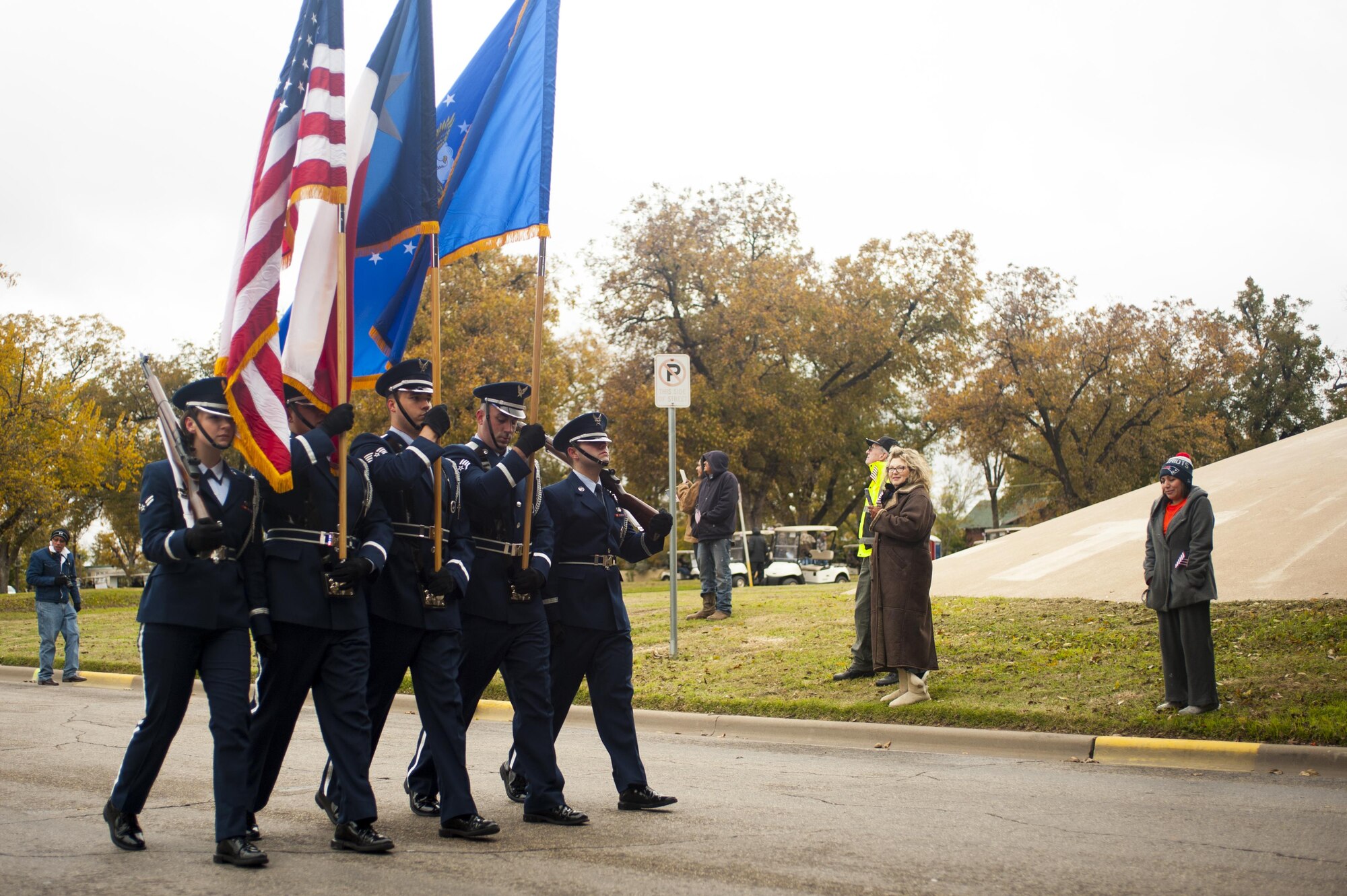 Goodfellow Air Force Base Honor Guard leads the Hero’s Hunt Parade at Santa Fe Park in San Angelo, Texas, Dec. 8, 2016. San Angelo hosts the Hero’s Hunt Parade for veterans from all over Texas to honor them for their service. (U.S. Air Force photo by Senior Airman Scott Jackson/released)