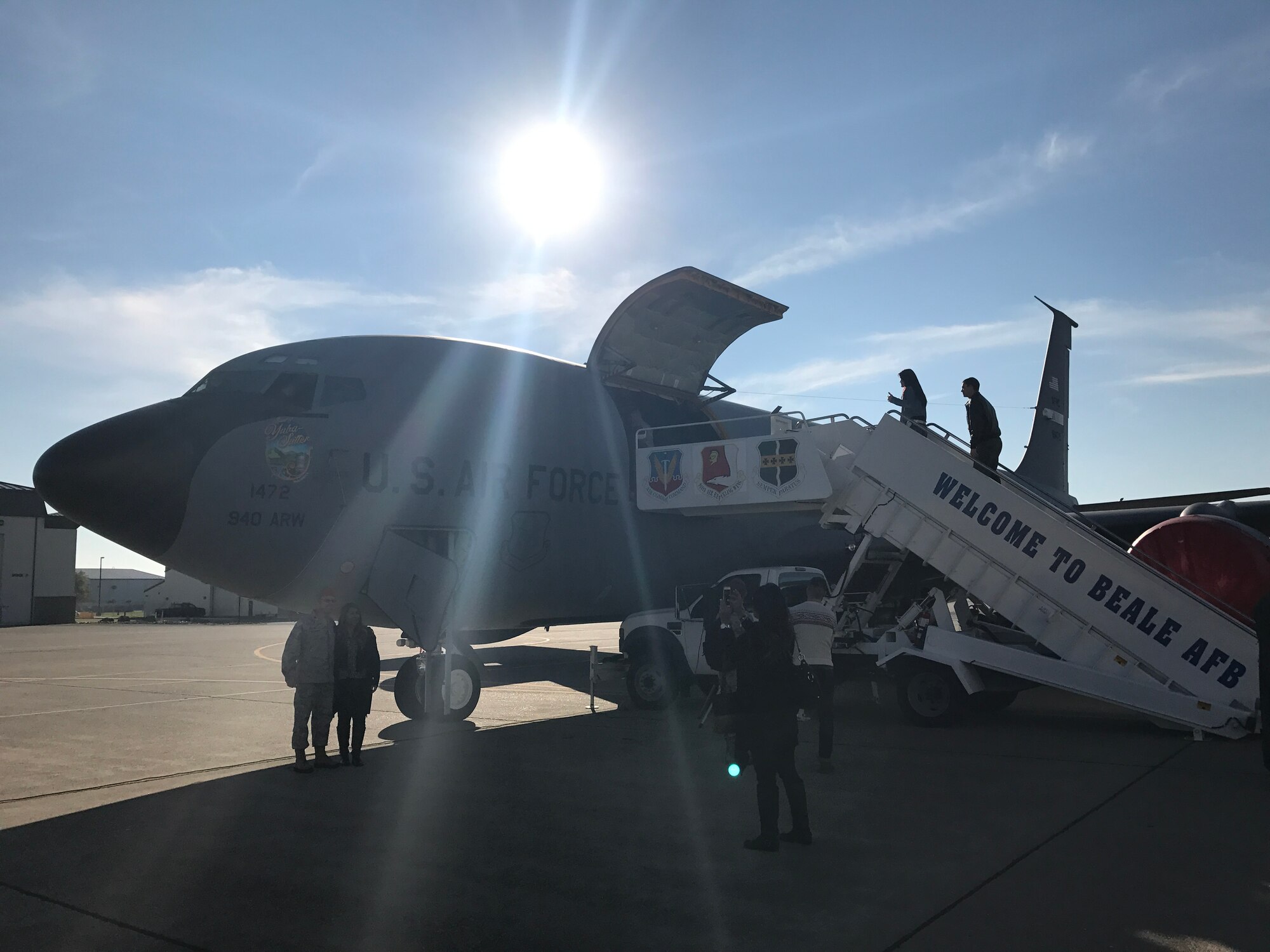 Airmen and their families tour and take photos of a KC-135 Stratotanker at the 940th Air Refueling Wing’s holiday party Dec. 3, 2016, at Beale Air Force Base, California. The aircraft is the eighth and final Stratotanker belonging to the 940 ARW. (Air Force Photo by Capt. Siobhan Hazelwood)
