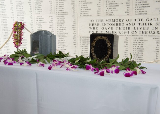 161207-N-ZK021-063 PEARL HARBOR (Dec. 7, 2016) The urns containing the remains of John D. Anderson, boatswain's mate 2nd class, and Clarendon R. Hetrick, seaman first class, await  interment at the USS Arizona Memorial. The 75th commemoration of the attack on Pearl Harbor and Oahu, co-hosted by the U.S. military, the National Park Service and the State of Hawaii, provided veterans family members, service members and the community a chance to honor the sacrifices made by those who were present Dec. 7, 1941, as well as throughout the Pacific theater. Since the attacks, the U.S. and Japan have endured more than 70 years of continued peace, a cornerstone of security and prosperity in the Indo-Asia-Pacific region. As a Pacific nation, the U.S. is committed to continue its responsibility of protecting the Pacific sea-lanes, advancing international ideals and relationships, as well as delivering security, influence and responsiveness in the region. (U.S. Navy Photo by Petty Officer 1st Class Nardel Gervacio/Released)