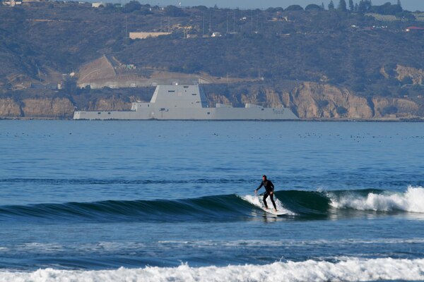 161208-N-AV746-080 SAN DIEGO (Dec. 8, 2016) The guided-missile destroyer USS Zumwalt (DDG 1000) transits the San Diego channel on its way to her new homeport at Naval Base San Diego. Crewed by 147 Sailors, Zumwalt is the lead ship of a class of next-generation destroyers designed to strengthen naval power by performing critical missions and enhancing U.S. deterrence, power projection and sea control objectives. (U.S. Navy photo by Petty Officer 2nd Class Timothy M. Black/Released)