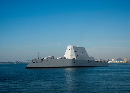 SAN DIEGO (Dec. 8, 2016) — The Navy's most technologically advanced surface ship, USS Zumwalt (DDG 1000), steams through San Diego Bay after the final leg of her three-month journey en route to her new homeport in San Diego. Zumwalt will now begin installation of combat systems, testing and evaluation and operation integration with the fleet. (U.S. Navy Photo by Petty Officer 2nd Class Zachary Bell/Released)