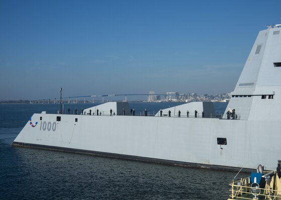 SAN DIEGO (Dec. 8, 2016) — The Navy's most technologically advanced surface ship, USS Zumwalt (DDG 1000), steams through San Diego Bay after the final leg of her three-month journey en route to her new homeport in San Diego. Zumwalt will now begin installation of combat systems, testing and evaluation and operation integration with the fleet. (U.S. Navy Photo by Petty Officer 2nd Class Zachary Bell/Released)