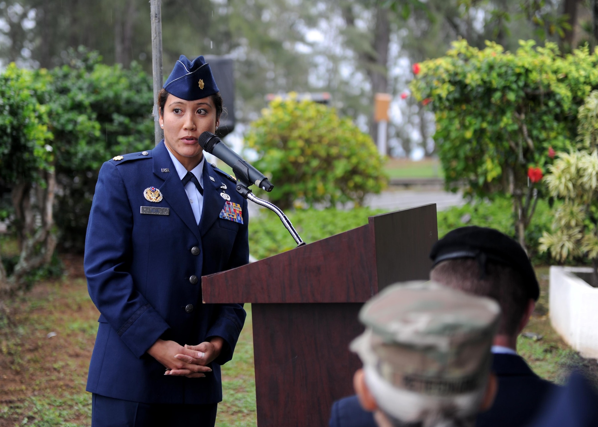 Maj. Jomia Blas, the commander of the 18th Force Support Squadron Det. 2, gives closing remarks following a ceremony commemorating service members honored for their bravery during the Dec. 7th attack on Pearl Harbor and Oahu at Bellows Air Force Station, Hawaii, Dec. 8th, 2016. Approximately 100 people, including family members of several honored veterans, came together in recognizing the bravery displayed on the day of the attacks. (U.S. Air Force photo by Staff Sgt. Alexander Martinez)