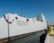 SAN DIEGO (Dec. 8, 2016) The guided-missile destroyer USS Zumwalt (DDG 1000) arrives at its new homeport in San Diego. Zumwalt, the Navy's most technologically advanced surface ship, will now begin installation of combat systems, testing and evaluation and operation integration with the fleet. (U.S. Navy photo by Petty Officer 3rd Class Emiline L. M. Senn/Released)
