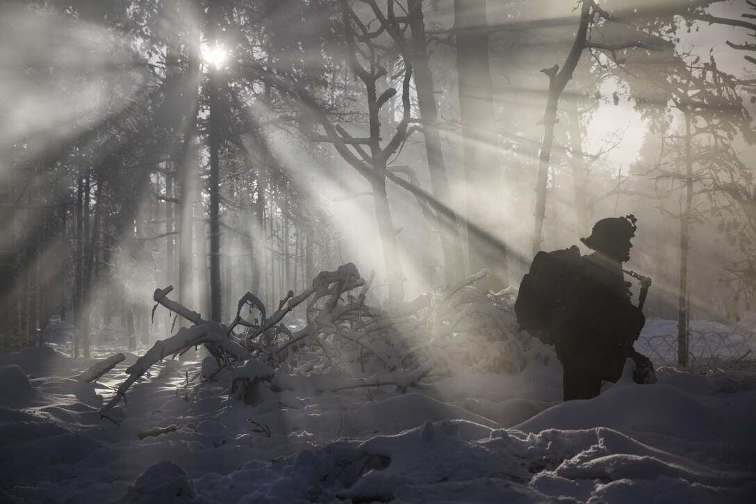 A Marine participates in a field training exercise during Iron Sword 16, a training exercise, in Rukla Training Area, Lithuania, Nov. 29, 2016. The annual multinational exercise involves 11 NATO allies training to increase combined infantry capabilities and forge relationships. Marine Corps photo by Sgt. Kirstin Merrimarahajara