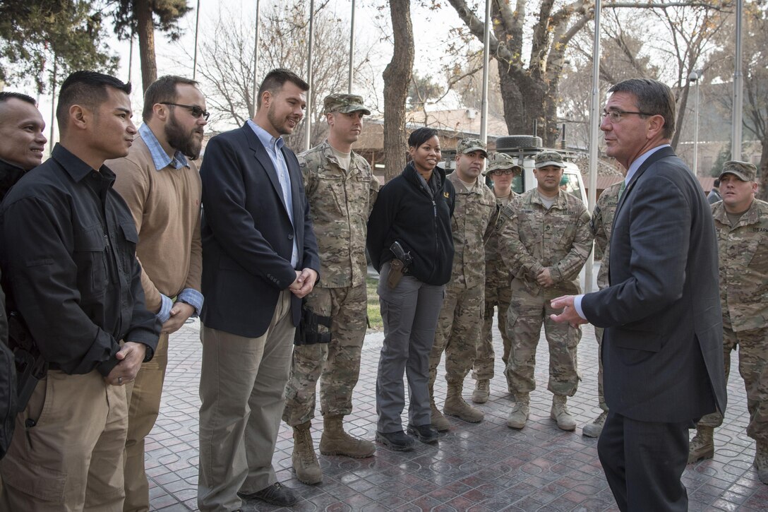 Defense Secretary Ash Carter visits with troops at Resolute Support headquarters in Kabul, Afghanistan, Dec. 9, 2016. DoD photo by Air Force Tech. Sgt. Brigitte N. Brantley