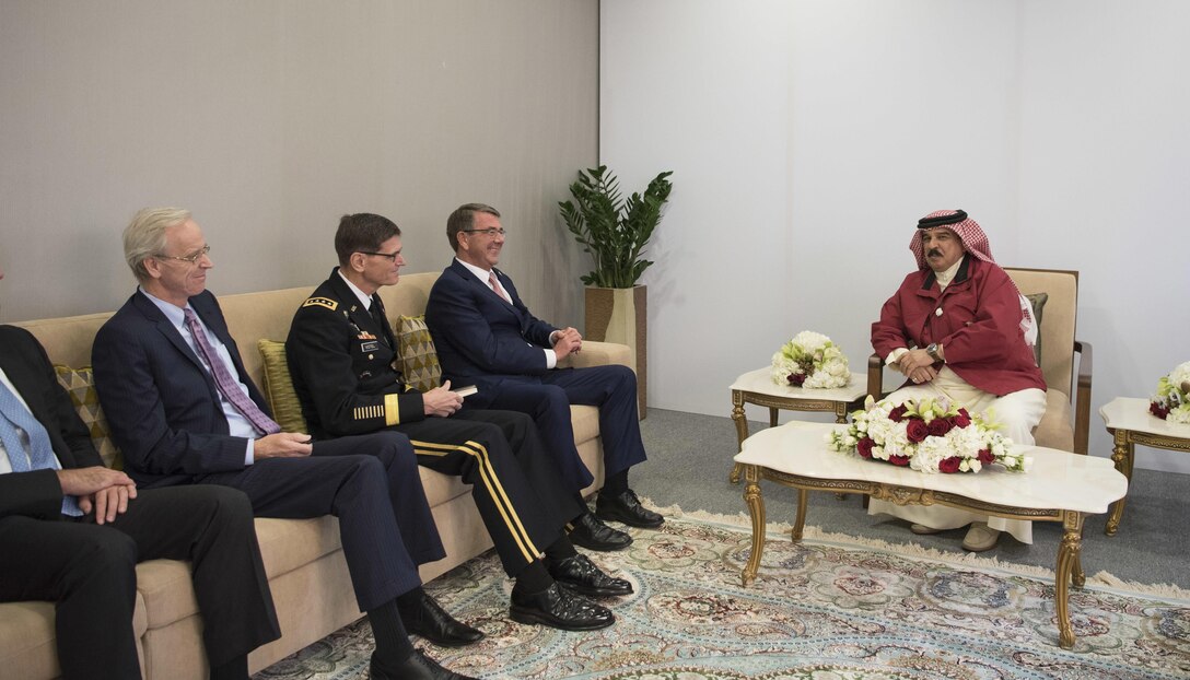 Defense Secretary Ash Carter and Army Gen. Joseph Votel, U.S. Central Command commander, meet with Bahrain's King Hamad bin Isa Al Khalifa in Manama, Bahrain, Dec. 10, 2016. DOD photo by Air Force Tech. Sgt. Brigitte N. Brantley