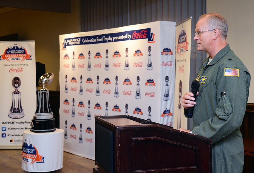 Brig. Gen. Steven Parker, 94th Airlift Wing commander, speaks to guests of the Air Force Celebration Bowl trophy tour event held at Dobbins Air Reserve Base, Ga. on Dec. 9, 2016.  The North Carolina Central University Eagles and the Gambling State Tigers are slated to go head-to-head in the bowl game on Dec. 17th. (U.S. Air Force photo/Don Peek)