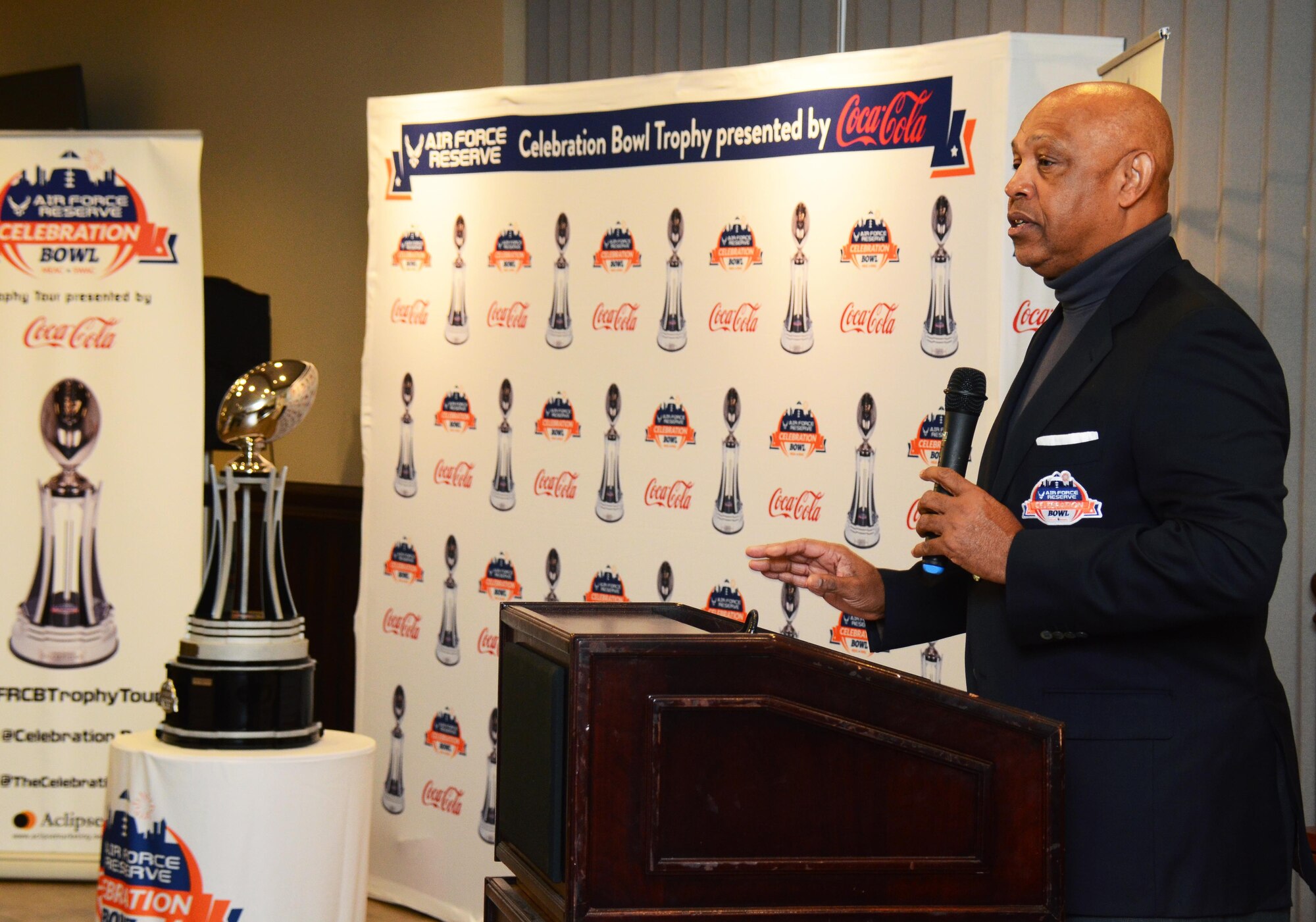 John Grant, Air Force Reserve Celebration Bowl executive director, speaks to guests of the game's trophy tour event held at Dobbins Air Reserve Base, Ga. on Dec. 9, 2016.  The North Carolina Central University Eagles and the Gambling State Tigers are slated to go head-to-head in the game on Dec. 17th. (U.S. Air Force photo/Don Peek)
