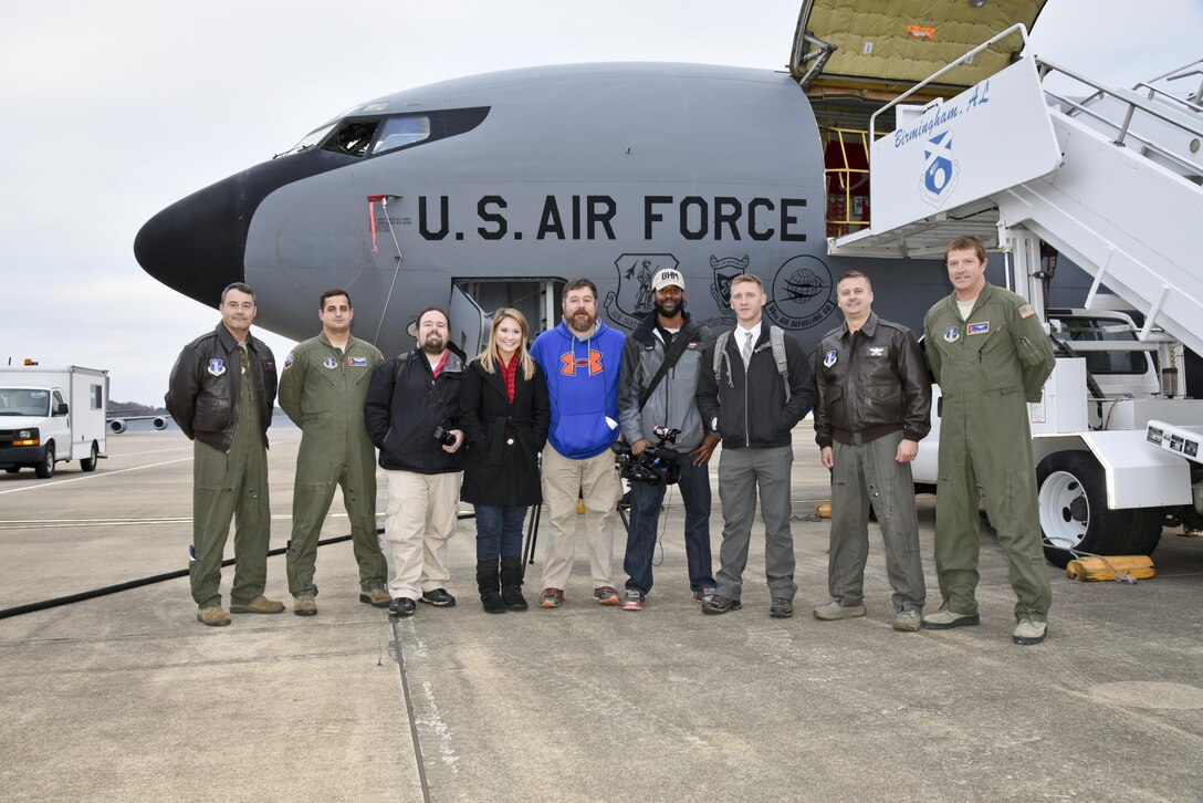 Reporters from 3 local Birmingham, Alabama television stations flew on a air refueling mission as part of a media incentive flight hosted by the 117th Air Refueling Wing, Birmingham, Alabama December 7, 2016 . (U.S. Air National Guard photo by: Senior Master Sgt. Ken Johnson)