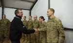 Defense Secretary Ash Carter thanks U.S. soldiers in Iraq for their service at Q-West airfield, a key strategic staging area in the fight to liberate the Iraqi city of Mosul from Islamic State of Iraq and the Levant terrorists, Dec. 11, 2016. Earlier in the day, Carter met with Iraqi Prime Minister‎ Haider al-Abadi in Baghdad, where the two leaders discussed the Mosul campaign and other issues. DoD photo