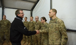Defense Secretary Ash Carter thanks U.S. soldiers in Iraq for their service at Q-West airfield, a key strategic staging area in the fight to liberate the Iraqi city of Mosul from Islamic State of Iraq and the Levant terrorists, Dec. 11, 2016. Earlier in the day, Carter met with Iraqi Prime Minister‎ Haider al-Abadi in Baghdad, where the two leaders discussed the Mosul campaign and other issues. DoD photo
