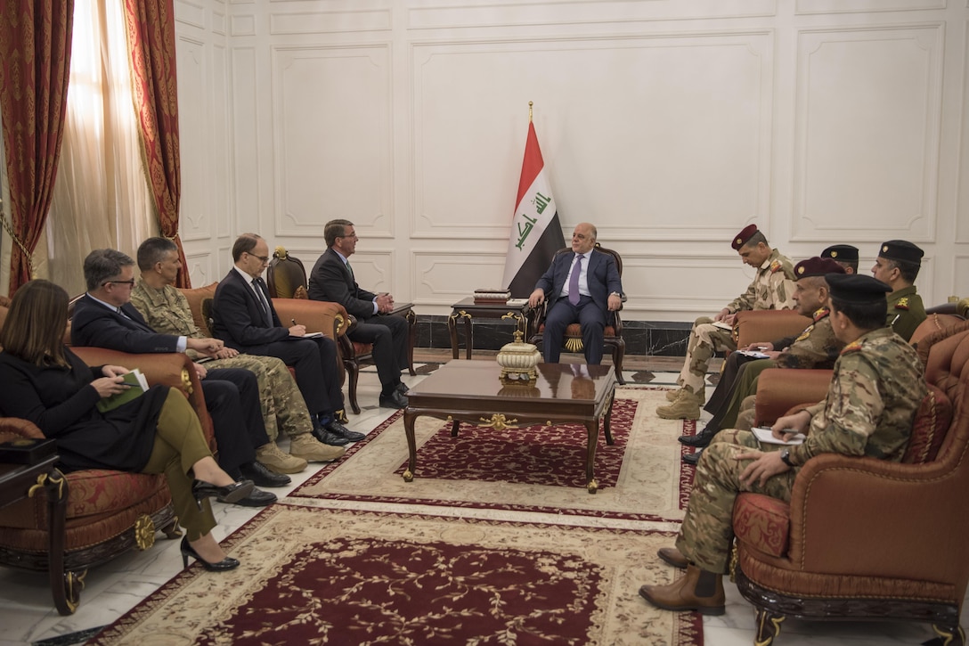 Defense Secretary Ash Carter and Iraqi Prime Minister Haider al-Abadi meet to discuss matters of mutual importance in Baghdad, Iraq, Dec. 11, 2016. State Department photo by Al Elsadr