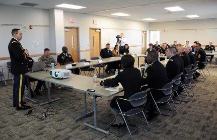 Col. Richard Erenbaum, congressional legislative liaison for the Army Reserve’s 99th Regional Support Command, kicks off a capabilities briefing for federal congressional staff members Dec. 9 at the Maj. Gen. Maurice Rose Armed Forces Reserve Center in Middletown, Connecticut. Maj. Gen. Troy D. Kok, 99th RSC commanding general, hosted the event in order to help the congressional members understand the Army Reserve’s unique roles and capabilities, to include support to civil authorities in response to natural disasters.