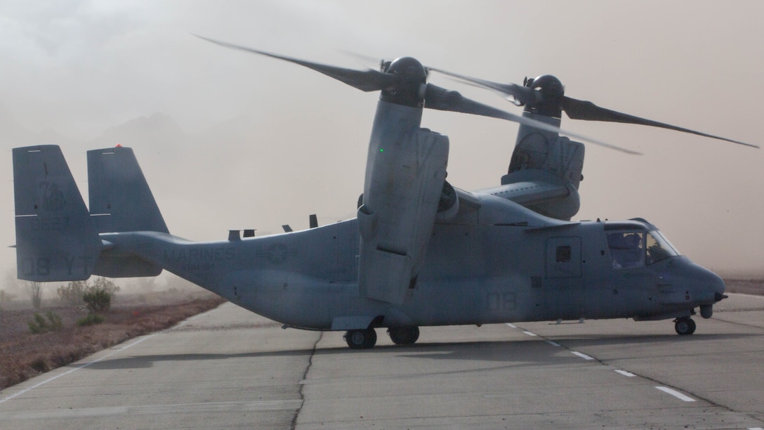 An MV-22B Osprey with the 3rd Marine Aircraft Wing lands at Marine Corps Air Station Yuma, Ariz., during exercise Seahorse Wind on Dec. 6. Exercise Seahorse Wind was a long-range raid exercise conducted by over 600 Marines with the 3rd Marine Aircraft Wing and the 1st Marine Division. 