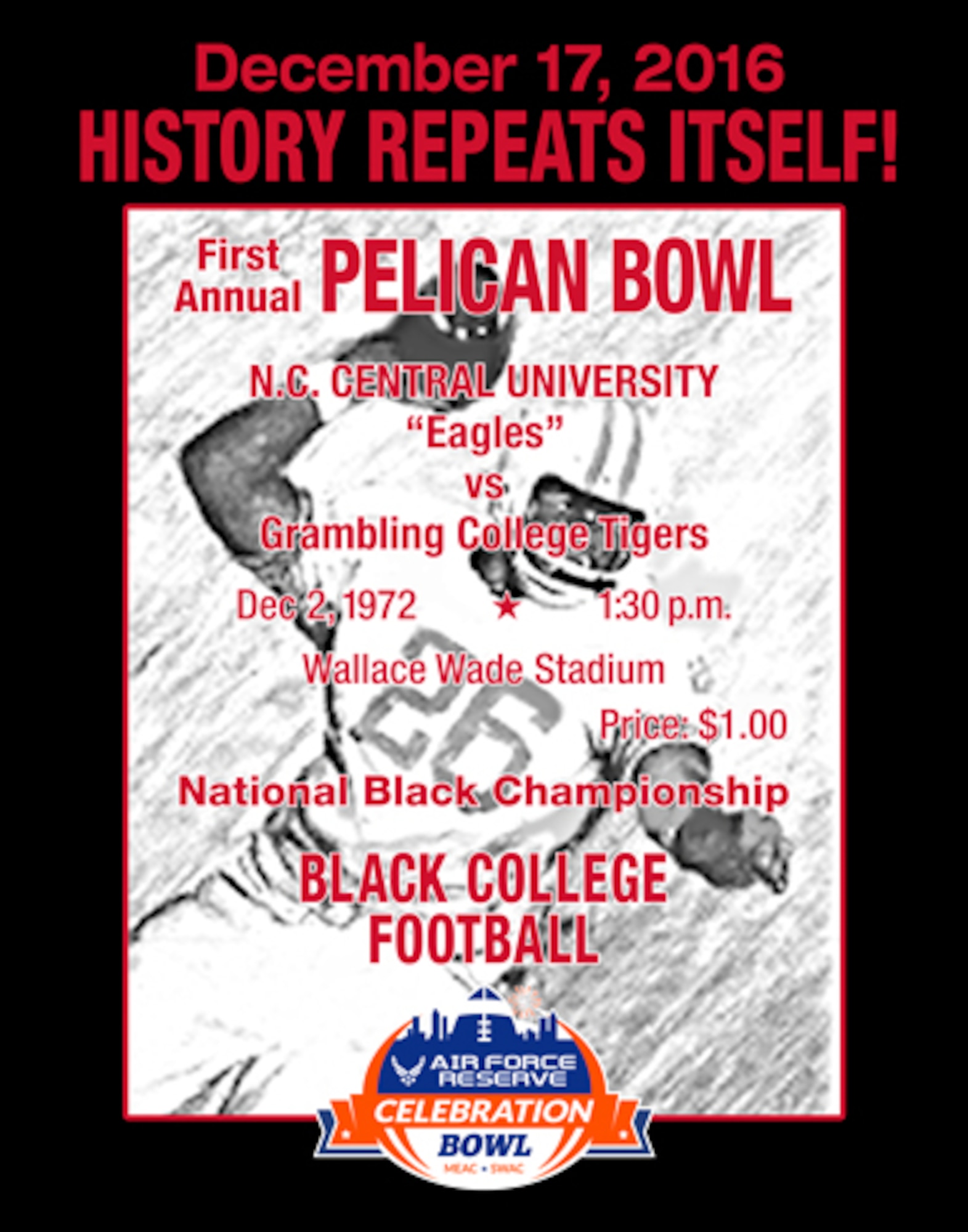 The Grambling State University Tigers, led by Head Coach Broderick Fobbs, are set to take on the North Carolina Central University Eagles, led by Head Coach Jerry Mack. This marks the second year for the Air Force Reserve Celebration Bowl, which showcases the heritage, legacy, pageantry and tradition of HBCUs. The game will be televised live on ABC to open the bowl season. The postseason college football bowl game will kick off at noon ET on Saturday at the Georgia Dome in Atlanta.
