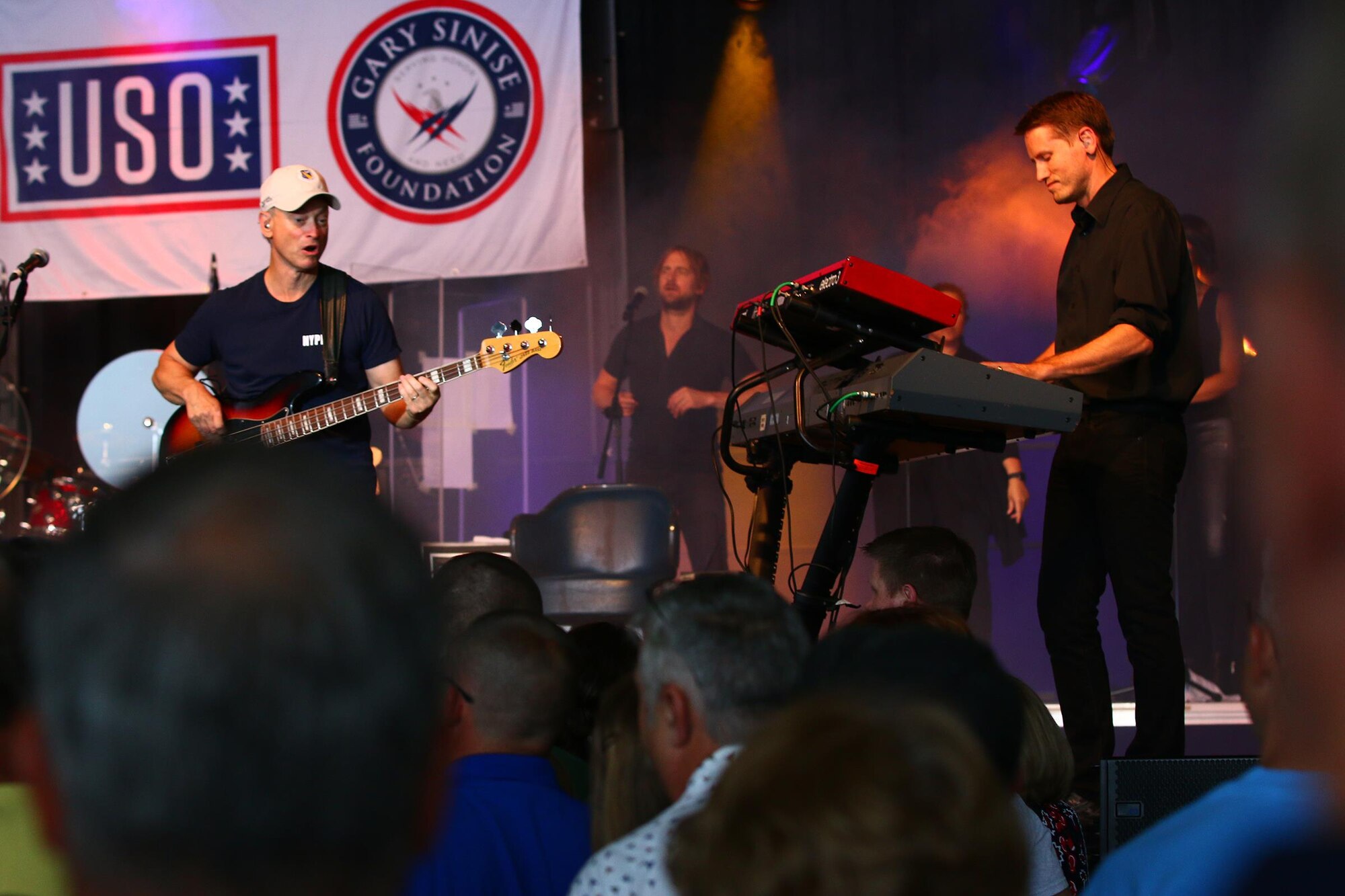Gary Sinise performs with his Lt. Dan Band during an early Independence Day celebration held July 2, 2016 at the 445th Airlift Wing, Hangar 4016. Gary Sinise and his Lt. Dan Band have performed over 30 shows in 2016, mostly for military and veteran’s events. (U.S. Air Force photo /Tech. Sgt. Patrick O’Reilly)