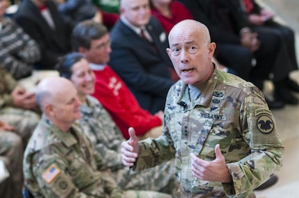 LTG Charles D. Luckey, Chief, U.S. Army Reserve and Commanding General, U.S. Army Reserve Command, addresses Soldiers and civilians during the USARC Holiday Open House and Tree Lighting ceremony, Dec. 9, 2016. USARC Soldiers and civilians took time out to celebrate the season and fellowship with each other. (U.S. Army photo by Timothy L. Hale/Released)